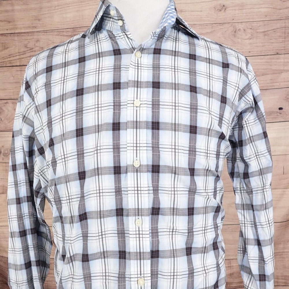 Thomas Dean Shirt Mens XL Blue Gray Plaid Long Sleeve Button Front Cotton